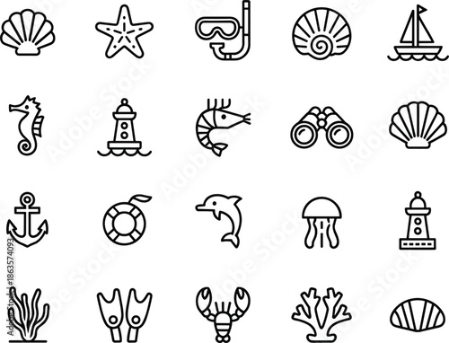 Beach, sea, ocean, marine life, summer, shellfish, aquatic icons, snorkeling gear, nautical elements, underwater symbols, flat line design