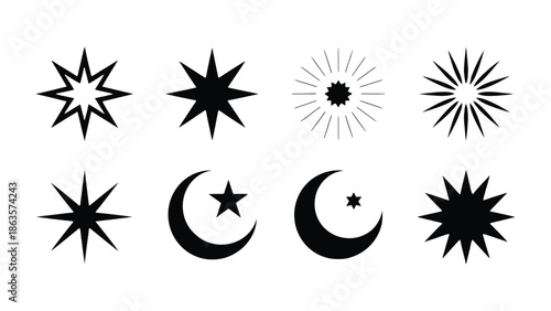 Celestial Collection: A captivating illustration featuring eight distinct celestial shapes, embodying the serene beauty of the cosmos. Including stars and crescent moons in a simple.