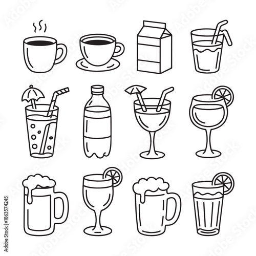 A collection of various beverage icons including coffee cups tea cups soda glasses and beer mugs in a simple line drawing style