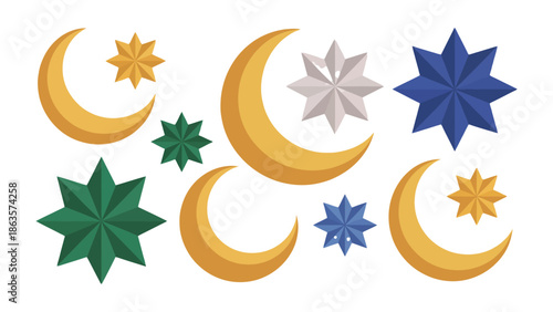 Celestial Symphony: Golden crescents and radiant stars in harmonious formation, against the dark expanse of the night.