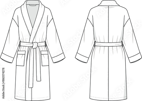 Bathrobe technical sketch, front back view, shawl collar, long sleeve, belt loop, patch pocket, garment design, cad drawing flat vector illustration