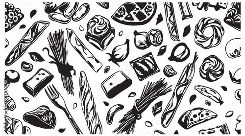 hand drawn food icons, kitchen doodle illustration, cooking ingredients sketch, culinary line art set, food preparation drawings, rustic kitchen artwork, organic food illustration, black food doodles,