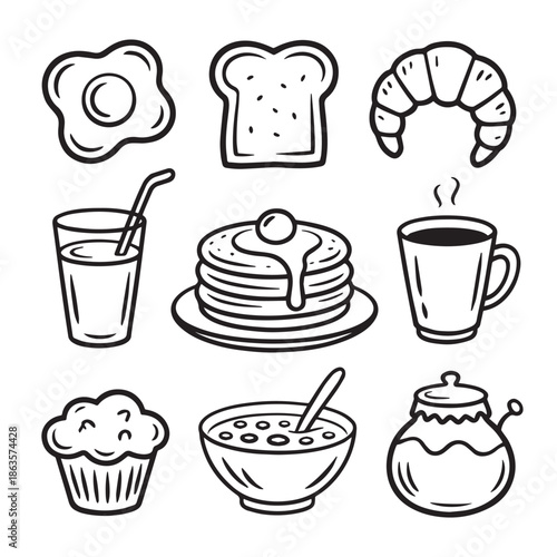 A black and white illustration of various breakfast foods including egg toast croissant juice pancakes coffee muffin cereal and honey on a plain background