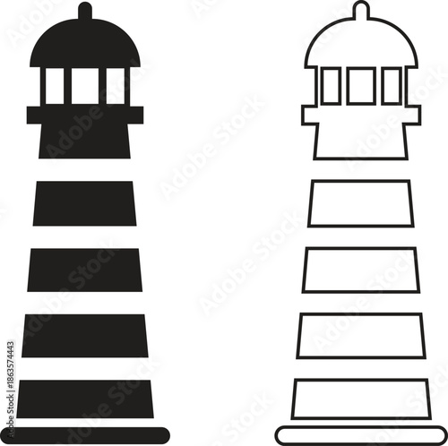 Lighthouse icon set in flat and outline styles. Vectors coastal beacon tower collection and group for maritime navigation, sea safety, harbor guidance, nautical travel and ocean designs illustration.