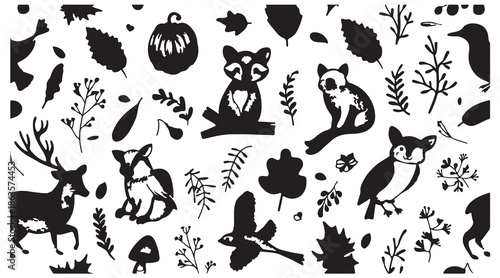 cute forest animals illustration, woodland doodle art, hand drawn animal characters, fairytale nature design, playful wildlife illustration, kids animal artwork, storybook forest scene, charming anima