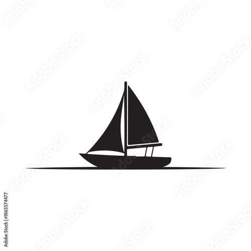 Simple black silhouette of a sailboat gliding across a calm dark water surface