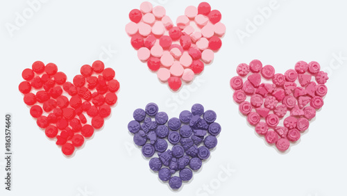 Valentine's Day candy hearts arranged in colorful clusters on a clean white background