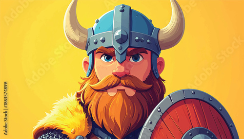 Cartoon Viking Warrior with Horned Helmet and Round Shield.