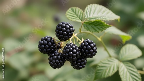 Six blackberries cluster on a stem amid green leaves with a blurred green background The berries are glossy and ripe