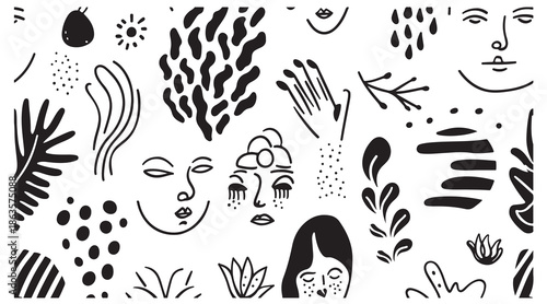 abstract hand illustration, expressive face doodles, modern human sketch, artistic body elements, surreal portrait art, creative anatomy drawing, black abstract figures, contemporary illustration styl