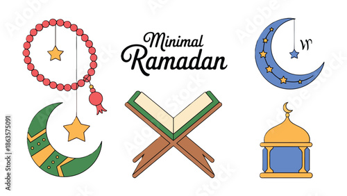 Minimal Ramadan Symbols: A simple depiction of symbolic Ramadan elements, crafted with clean lines and vibrant colors. Featuring the crescent moon, prayer beads, star, mosque, and the Holy Quran.