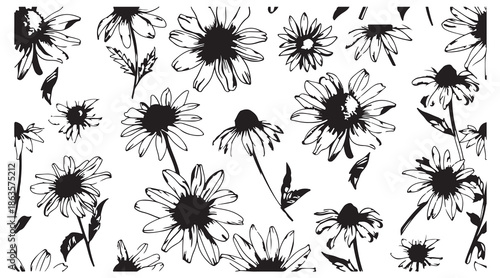 daisy flower illustration, hand drawn floral art, wildflower line drawing, botanical flower sketch, nature floral artwork, black daisy design, minimal flower illustration, garden flower art, floral ba
