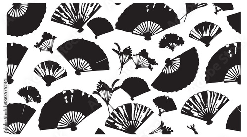 japanese fan silhouettes, oriental bird illustration, asian decor artwork, traditional fan design, black cultural icons, elegant asian pattern, hand drawn fan art, oriental illustration style, decorat