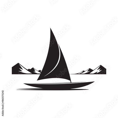 A striking black and white illustration of a sailboat on calm waters with mountains