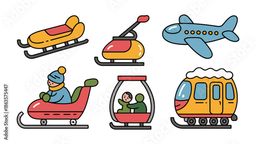 Winter Transport Set: A charming illustration depicts a variety of winter transport vehicles, including a toboggan, snowmobile, airplane, sled, cable car, and snow train.