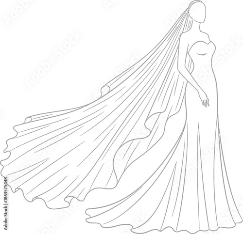 Elegant bride in wedding dress with flowing veil outline vector illustration art