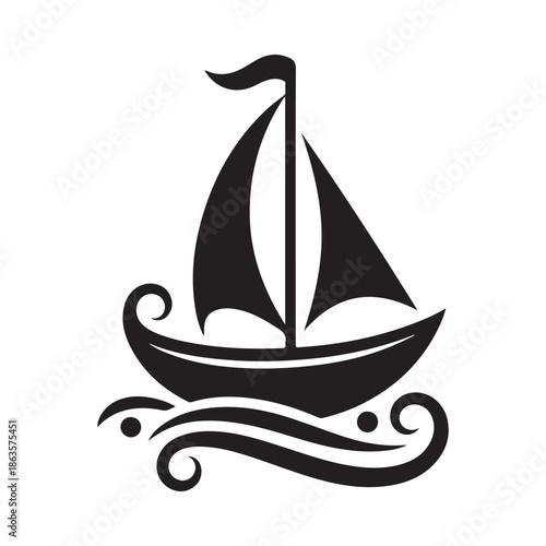A simple black and white illustration of a sailboat on wavy water stylized design