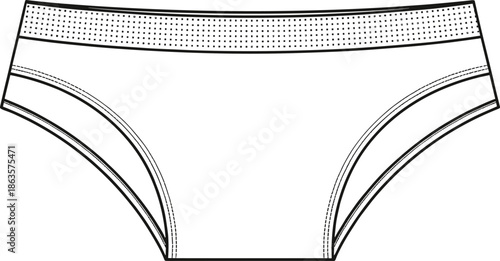 Bikini-style women’s underwear technical sketch, front view, fashion flat drawing, CAD vector illustration, garment design, apparel template, stitching detail