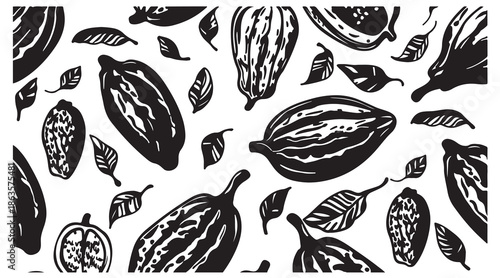 cocoa bean illustration, botanical seed pattern, hand drawn cacao art, organic plant illustration, tropical seed design, black botanical artwork, natural food pattern, cocoa pod sketch, rustic botanic