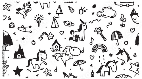 cute doodle icons, playful hand drawn art, cartoon object illustration, fun doodle pattern, child friendly drawings, creative sketch icons, whimsical illustration style, black doodle elements, playful