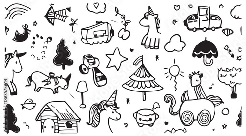 cute doodle icons, playful hand drawn art, cartoon object illustration, fun doodle pattern, child friendly drawings, creative sketch icons, whimsical illustration style, black doodle elements, playful