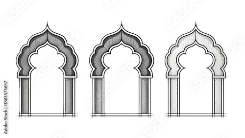 Architectural Trio: Three symmetrical archways, each meticulously rendered, stand in a row.