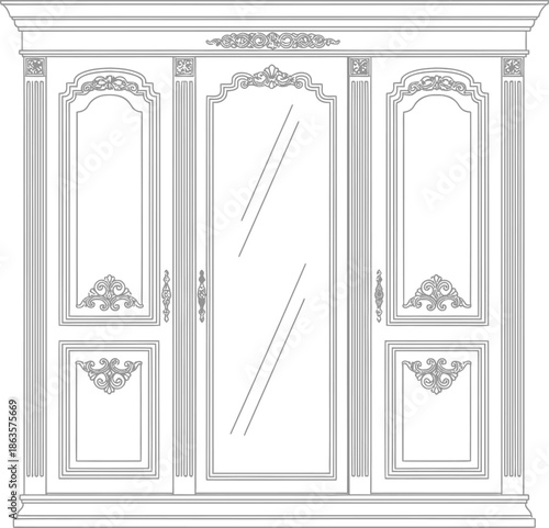 Elegant three-door wardrobe illustration with intricate details and classic design elements