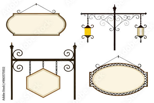 Classic 19th-century street lamp sign collection, flat vector, blank frames