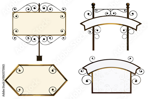 Decorative wrought-iron lamp signs, beige and white panels, flat illustration.