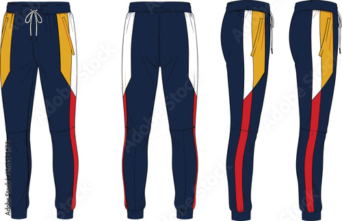 Cad drawing flat vector illustration, athletic jogger pants, fashion design template, sporty color block style, front back side view