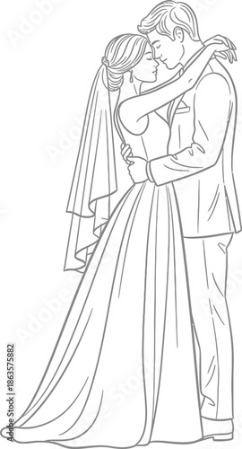 Elegant Line Art Depicting a Loving Couple Embracing on Their Wedding Day Ceremony