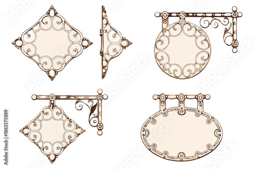 Detailed sepia sketches of gothic hanging plaques in a grid, featuring a minimalist dark academia aesthetic.