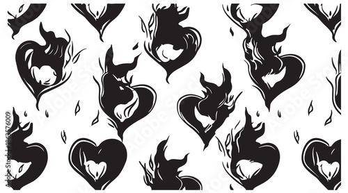 fire heart illustration, burning love artwork, flame silhouette design, passion symbol art, abstract fire drawing, black flame pattern, romantic fire icon, dramatic illustration style, heat and love c