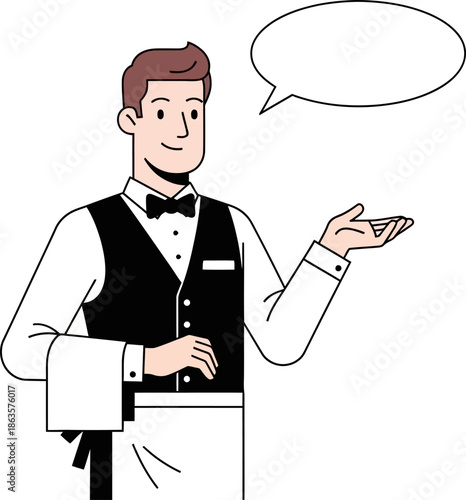 Elegant waiter gesturing with speech bubble provides exceptional service for your needs
