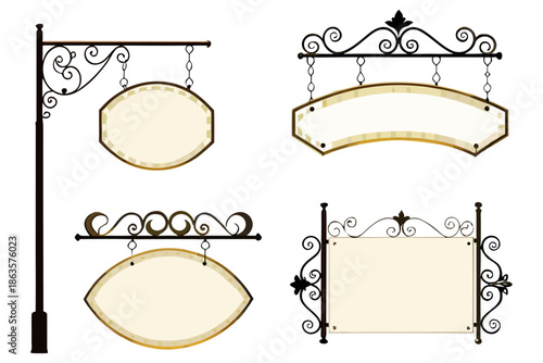 Four classic European shop lamp signs, flat vector style, 19th-century design.