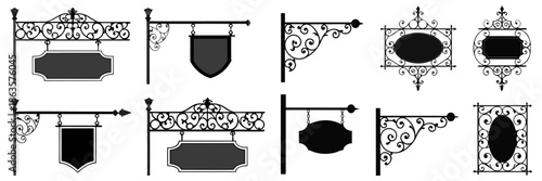 Minimalist Vector Set Black vector silhouettes of vintage wrought iron shop signs with floral scrollwork in oval, rectangular, shield shapes on white, sharp professional edges.