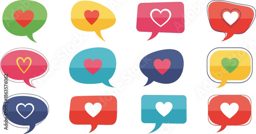 Colorful speech bubbles with heart symbols representing love and positive feedback collection