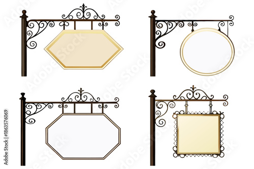 Ornate lamp post shop signs, flat vector illustration, blank signage, white background.