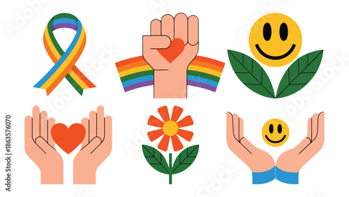 Love and Peace Icons: a series of six icons featuring symbols of love and peace, including hands holding hearts, rainbow, smiley, flower and ribbon.