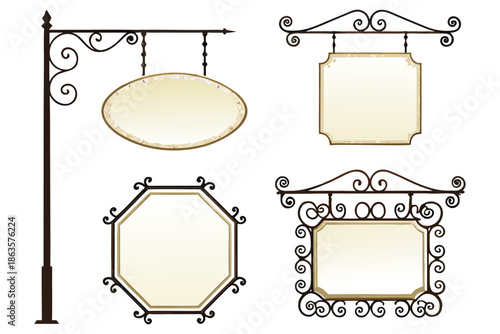 Vintage wrought-iron street sign set with rectangular, oval, hexagon, and shield shapes.