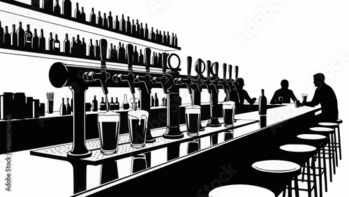 Bar counter with beer taps and bottles on shelves.