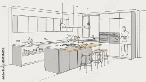 Modern Kitchen Interior Design Sketch with Island and Stools.