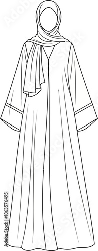 Elegant abaya fashion illustration with hijab and flowing lines for modest attire design