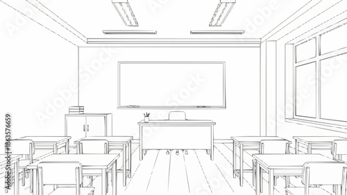 Empty Classroom Sketch with Desks and Whiteboard.