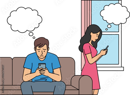 Couple ignoring each other using smartphones, relationship problems and communication breakdown,