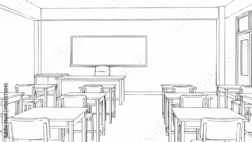 Empty Classroom with Desks and Whiteboard Sketch.