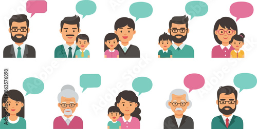 Diverse family characters with speech bubbles representing communication and relationships