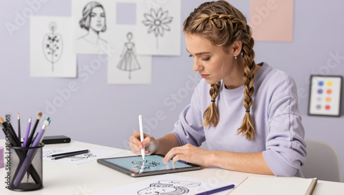Woman drawing tablet digital illustration creative studio modern workspace blonde artist casual clothing art sketch generative design ai technology creative process female adult side view sitting