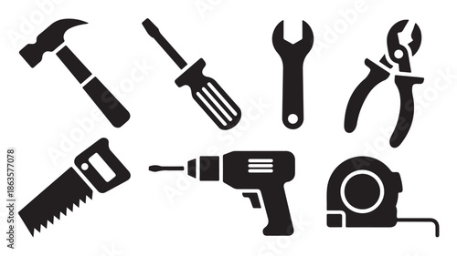 Set of carpentry tools in minimalist silhouette style with black color on white background for construction industry