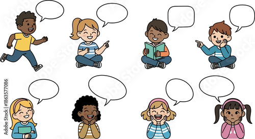 Diverse group of children with speech bubbles representing communication and expression of thoughts